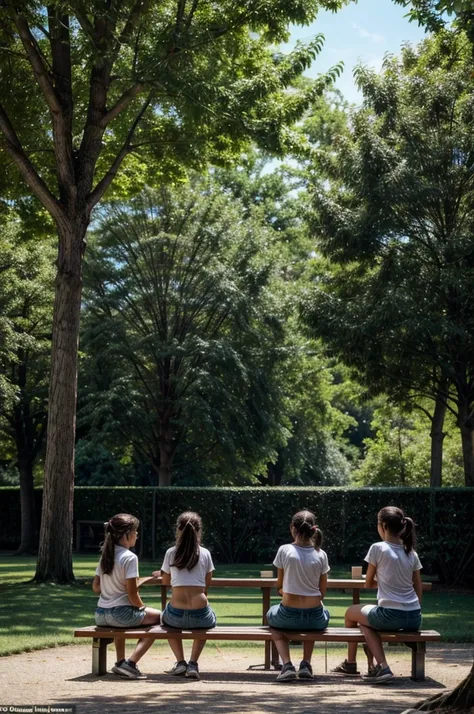 Create a highly realistic  very close-up scene set in a picturesque park in Italy, featuring a 13-year-old Italian teenage girl explaining a lesson to four younger children girls on a park bench.

 The 13-year-old girl stands confidently next to a wooden b...