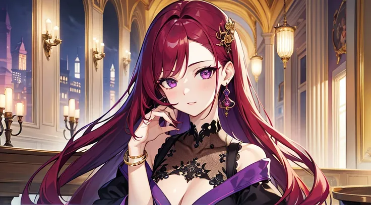 Highest quality, masterpiece, figure, wallpaper,One woman, Beautiful detailed woman, Highly detailed eyes and face, Beautiful attention to detail, Shine, View your viewers, Purple Eyes,,Bright Red Hair ,crisp finger, clear background, deep night、Big earrin...