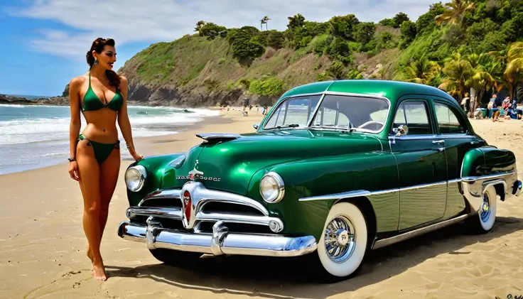 ((A realistic photo of a 1952 Dodge Kingsway Custom)),British Racing Green color with chrome mag wheels, parked at a surf beach on a summers day, best quality, very hi definition, 8k, Surfboards and bikini Girls standing next to the car, (fine detail,)