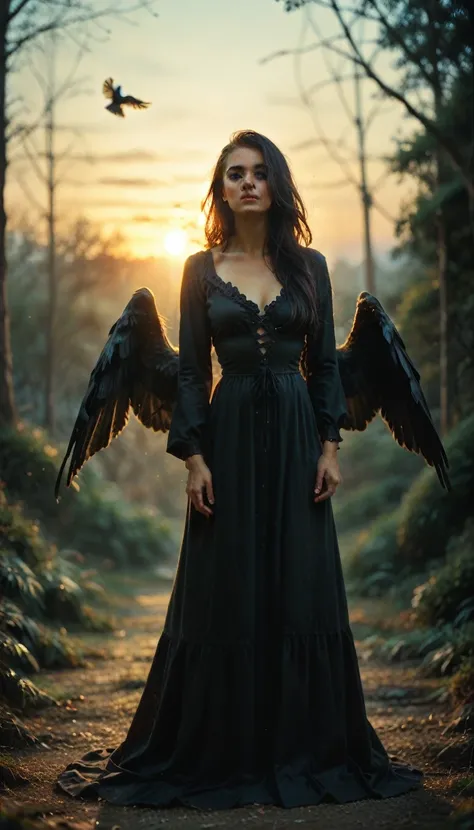 masterpiece, best quality, movie still, 1girl, monstergirl, crow woman, full body, portrait, detailed (eyes), long (hair), perfect body, proportional body, crow wings, deep look, wearing (long dress and pants), close-up,  cold soft lighting, sunset, (aura:...