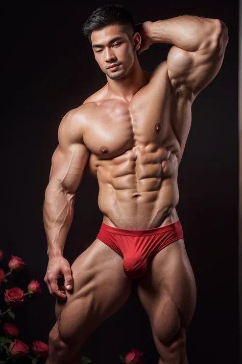 (8k, original photo, best quality，Half body photo) ,, ((( 25-year-old Asian muscular men)))，standing，wearing red underwear, shirtless,Shirtless muscular man，blush，Shy expression，hyper muscular, Mouth slightly open，Armpit Hair,underpants,pubic hair，white Tr...