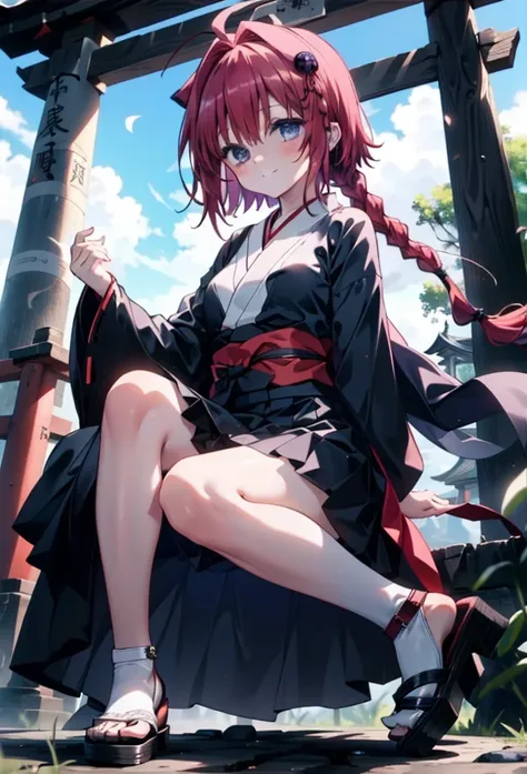 Meia Kurosaki,Meia Kurosaki,Redhead,Long Hair,Long braids,Purple eyes,Glasses, (Small breasts:1.2),Shrine maiden, 白いkimono, kimono, As with the skirt, Wide sleeves, Long sleeve, Red too,Long skirt,White tabi,Sandals,smile,blush,Sleeves edged with ribbon, w...