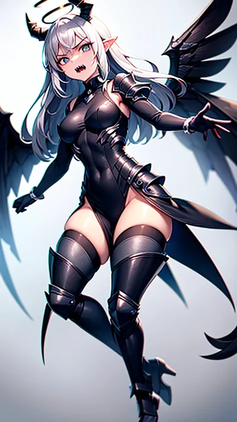 masterpiece, high quality, 4K, HDR, armored dress knight, black halo above head, black horns on head, large black tail, large black wings on back, Silver hair, intake hairstyle, blunt bangs, long hair, crimson eyes, narrowed eyes, sharp teeth, slightly poi...