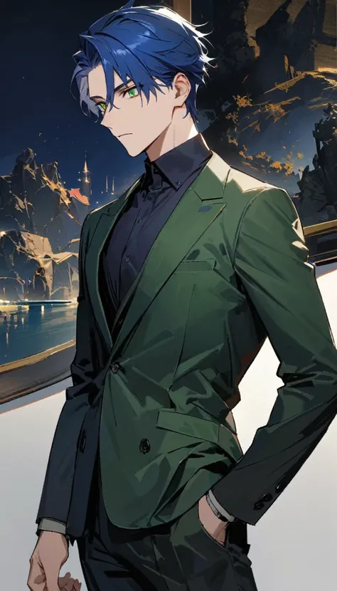 a handsome young man, 30 years old, ultramarine blue hair, shorth hair, emerald green eyes, , standing, no expression, night sky, work of art, best qualityer, ultra detaild, detailedeyes, cool eyes