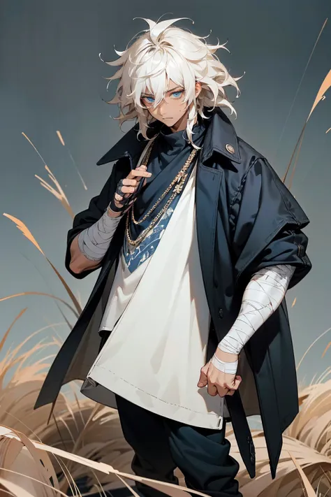 1male, tan skin, black highlighted hair, black and white hair,  messy hair, wavy hair, blue eyes, uninterested expression, (dark blue oversized coat), black joggers, black undershirt, bandaged clothing, grassland background, standing on path, hands to side