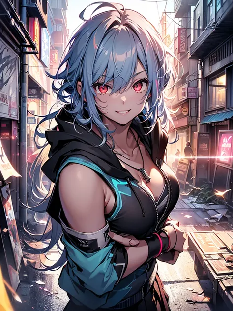 最high quality、Best image quality、masterpiece、girl((18-year-old、 By becoming、Best Bust、Medium Bust,Wide open breast tea、Red glowing eyes,Silver Hair、Disheveled Hair、Long Hair、thin,The highest valley、Open chest、Luminous Wristbands、smile、hair ornaments、lumino...