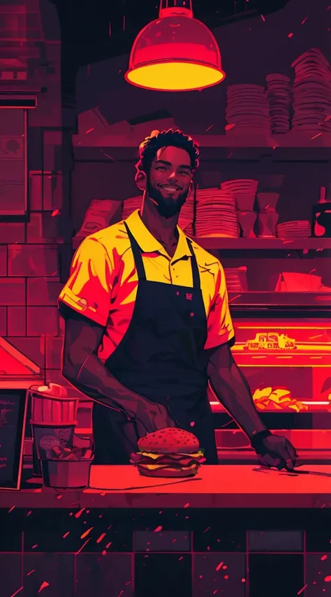 a fast food worker in a restaurant uniform, lofi cartoon style, (best quality,4k,8k,highres,masterpiece:1.2),ultra-detailed,(realistic,photorealistic,photo-realistic:1.37),cute, smiling, dynamic pose, apron, hat, fast food restaurant interior, neon lights,...