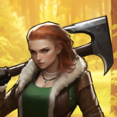 a close up of a woman holding a large ax in her hand, epic rpg portrait, holding axe, attacking with axe, with axe, symmetrical portrait rpg avatar, avatar image, wielding a huge great axe, with a two handed axe, female dwarven blacksmith, female blacksmit...