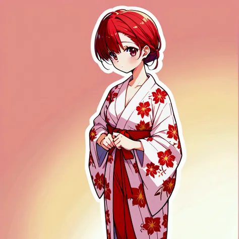 A girl standing alone wearing a summer yukata、Elegant yukata、yukata、Kimono of the common people、Colorful yukata、Japanese summer yukata、Japanese classic summer cute yukata、Red yukata with floral pattern、Summer festival style