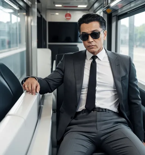 50 years old,One Man,Grey suit,mafia、on the train,legs wide open,Boss sitting、The crotch area of the pants is bulging,logic,Gay ,Very short slicked back hair,Stubble,Asian Faces,Black sunglasses。