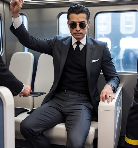 50 years old,One Man,Grey suit,mafia、on the train,legs wide open,Boss sitting、The crotch area of the pants is bulging,logic,Gay ,Very short slicked back hair,Stubble,Asian Faces,Black sunglasses。