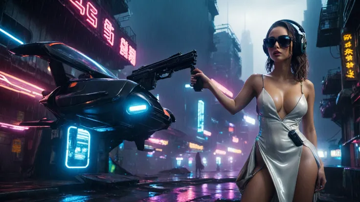 (aerial view, a flying cars docking platform, a very dark abandoned futuristic city, neon lights), rainy night. (((1girl, solo, alone))), large-breast:1.2 slim body, cleavage:1.1, sexy wind blowing wet dress:1.4, (((headphone, black sunglasses, standing an...