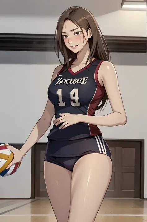 1 Lady Solo, /(Volleyball Uniforms/), /(Dark brown hair/) bangs, A light smile with blushing cheeks, (Masterpiece Top quality:1.2) Extremely detailed and intricate illustrations, Big Break /(Indoor volleyball court/)