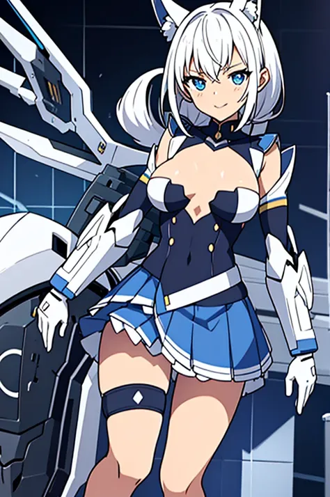 mecha wings、blue skirt、accentuated thighs、chest、black hair、1 girl、solo girl、is、frame arms girl、alice gere aegis、white armor、pink...