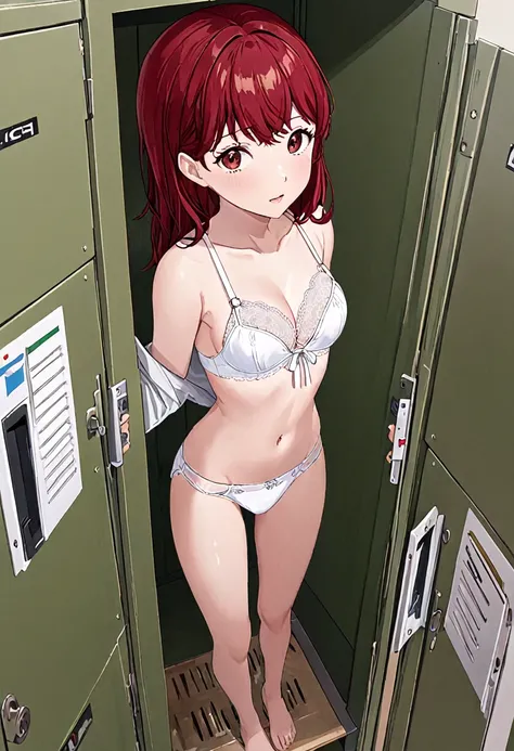 (((masterpiece) (((((Highest quality))))((high resolution))))), Very detailed, Ultra-realistic, )、、lockerルーム、Open shirt、White Bra、White panties、Red Hair、Small breasts、locker、Change of clothes、((Expressionless))、From above.stand