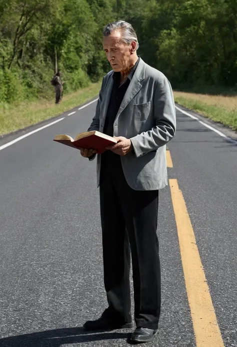 The man stood on the road and spoke to people who were reading.