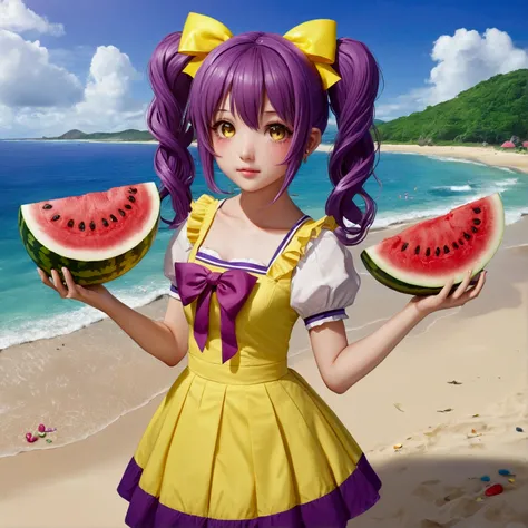 Highest quality, masterpiece, High resolution, detailed, Perfect Anatomy, Eat WM, watermelon, holding watermelon, Beach, Blood, Purple Hair, Yellow Eyes, Twin tails, low Twin tails, Yellow ribbon, Purple Dress, bow, Barrette, Ahoge,