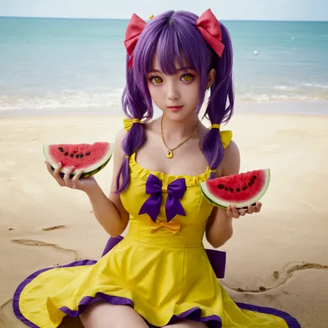 Highest quality, masterpiece, High resolution, detailed, Perfect Anatomy, Eat WM, watermelon, holding watermelon, Beach, Blood, Purple Hair, Yellow Eyes, Twin tails, low Twin tails, Yellow ribbon, Purple Dress, bow, Barrette, Ahoge,