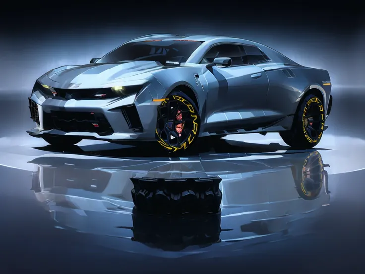 "chevrolet camaro 2ss 2014 in brutal sport tuning and oversized off-road wheels that protrude beyond the wheel arches at sunset ...