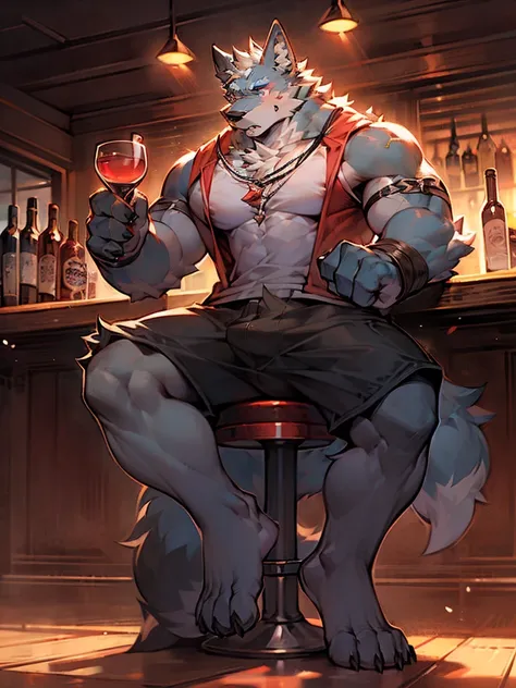 gray wolf orc，Sit in a bar chair，Very strong，Full body picture，front，Wear shorts，Private part thick，Holding a red wine glass in hand