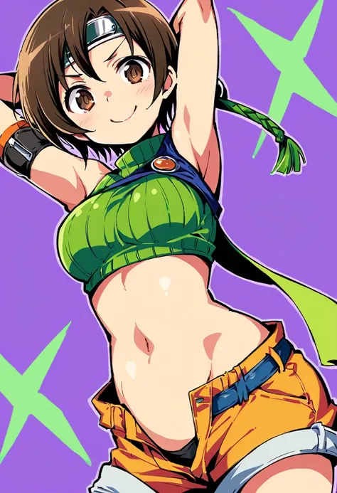 score_9, score_8_up, score_7_up,,BREAK , from below,navel below view.,mediumshot,(arms up,arms behind head,arms in hair),looking_at_viewer,soro focus,1girl, yuffie kisaragi, final fantasy, short hair,headband,navel,sleeveless,turtleneck,brown eyes,sleevele...