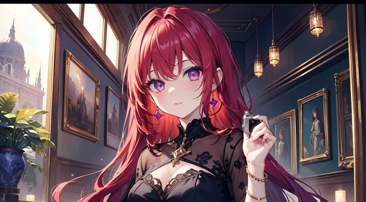 Highest quality, masterpiece, figure, wallpaper,One woman, Beautiful detailed woman, Highly detailed eyes and face, Beautiful attention to detail, Shine, View your viewers, Purple Eyes,,Bright Red Hair ,crisp finger, clear background, deep night、Big earrin...