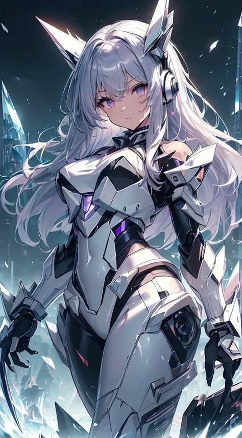 top-quality、Top image quality、​masterpiece、girl with((black and white mecha suit、Glowing mech suit、18year old、 Ager、cute little、Best Bust、big bast,Beautifully shining purple eyes open wide, Messy silver hair、Longhaire、A slender,big moves in volleyball,shar...