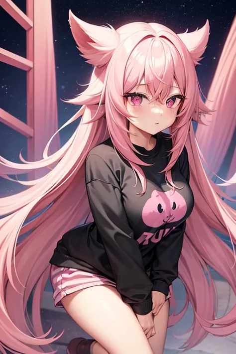 kaiju.8, long pastel pink hair, half tired pastel pink eyes, medium large breast, black sweatshirt with red stripes