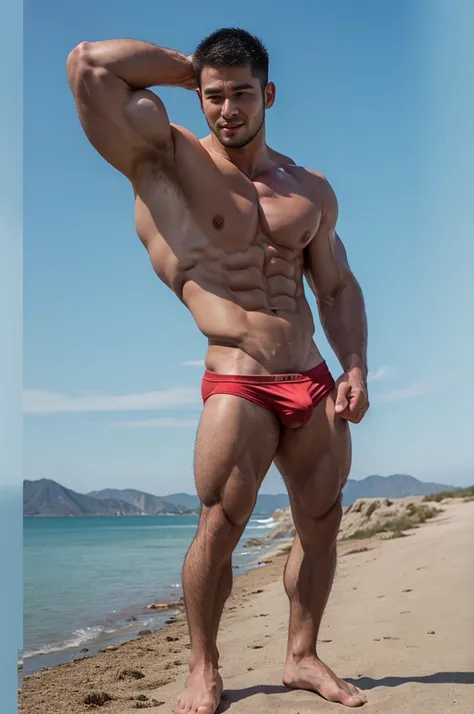 (8k, original photo, best quality，Half body photo) ,, ((( 25-year-old Asian muscular men)))，flying，wearing red underwear, shirtless,Shirtless muscular man，blush，Shy expression，hyper muscular, Mouth slightly open，Armpit Hair,underpants,pubic hair，white Tran...