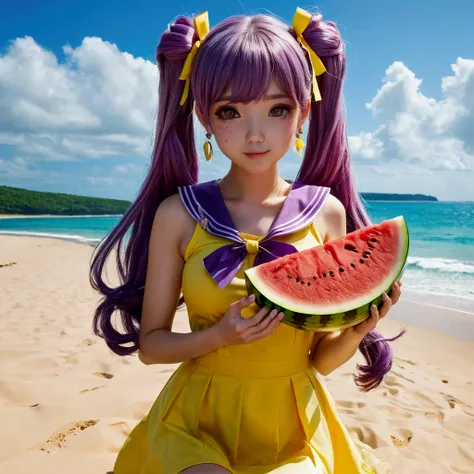 Highest quality, masterpiece, High resolution, detailed, Perfect Anatomy, Eat WM, watermelon, holding watermelon, Beach, Blood, Purple Hair, Yellow Eyes, Twin tails, low Twin tails, Yellow ribbon, Purple Dress, Barrette, Ahoge,