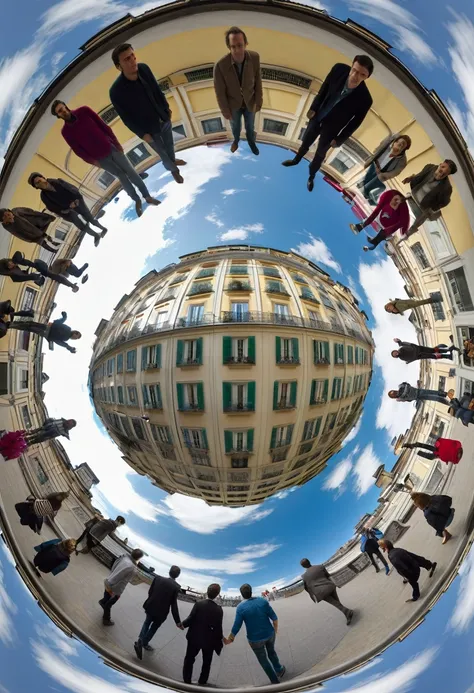 Arafed image of a group of people walking in a circle., 3 6 0 image, 3 6 0 catch, Panoramic Anamorphic, 3 6 0 projection, Liminal space photography, 360 monoscopic equirectangular, by Leandro Erlich, inspired by Leandro Erlich, 360 degree equirectangular, ...