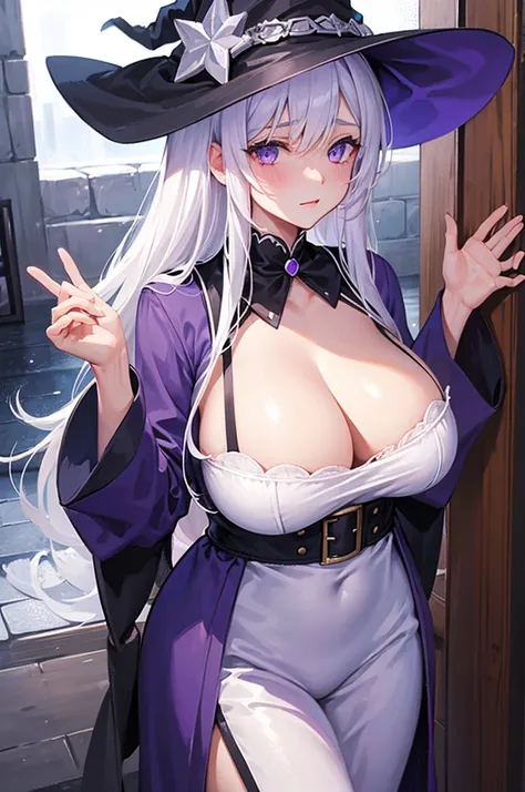 1girl, witch, lilac witch outfit, white hair, big breasts, cozy