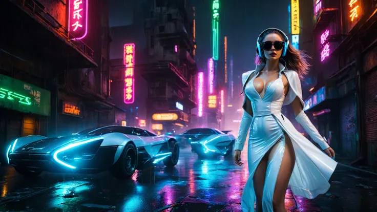 (aerial view, a flying cars docking platform, a very dark abandoned futuristic city, neon lights), rainy night. (((1girl, solo, alone))), large-breast:1.2 slim body, cleavage:1.1, sexy wind blowing wet dress:1.4, (((headphone, black sunglasses, standing an...