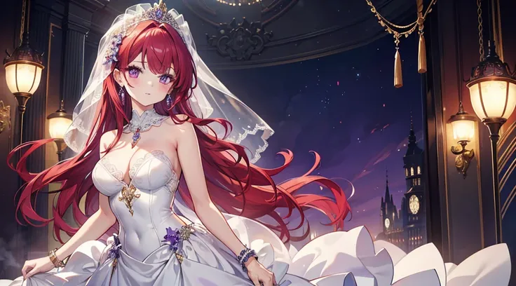 Highest quality, masterpiece, figure, wallpaper,One woman, Beautiful detailed woman, Highly detailed eyes and face, Beautiful attention to detail, Shine, View your viewers, Purple Eyes,,Bright Red Hair ,crisp finger, clear background, deep night、Big earrin...