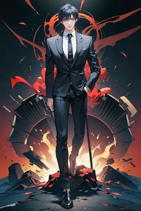 (masterpiece), best quality, seductive eyes, perfect face, handsome man, red eyes, short messy black hair, long nose, business suit, black necktie, black fitted pants, full body, extremely tall man, long legs, long calves, anime cover, 1boy, ear piercings,...