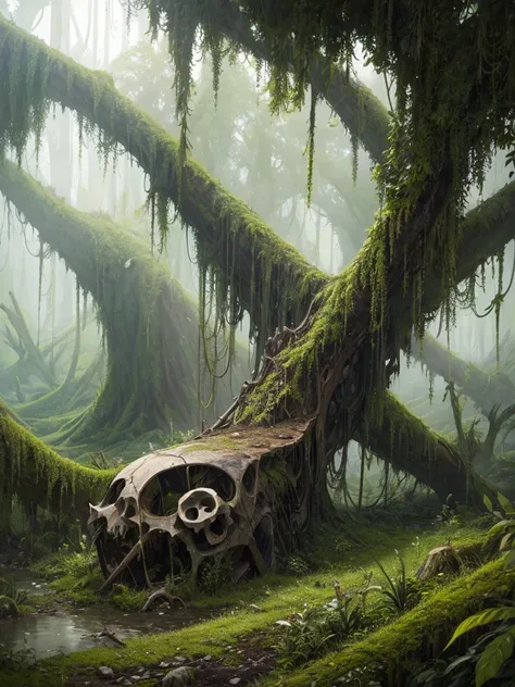 An airplane was stranded between high hills, cracked, wings broken, dull, rusty. the conditions were mossy and overgrown with wild plants that spread, the roots of large trees spread. There are skulls and bones scattered around, there are no signs of life,...