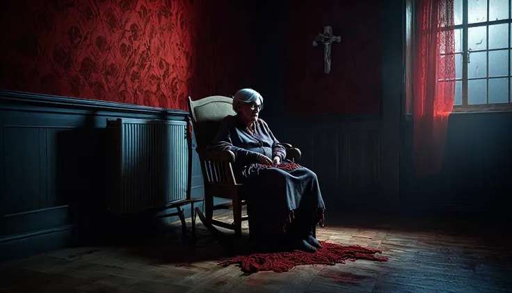 a sleepy old woman,ugly granny,sleeping on a chair tied with rrope,looks like dead,very scary room,dark and red lighting and evil faces around ghosts and demons blood  and dracula on the wall,horror atmosphere,highly detailed,octane render,cinematic lighti...