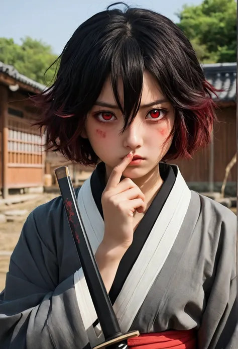 Kimetsu no yaiba style best quality 0.8,beautiful Dark hair.  short hair (short above the shoulders) . Young woman with detailed red eyes (red eyes) dull and sad detailed. droopy eyes. warm face, his face has dirt, foreground. katana. (Alone) (in a trainin...