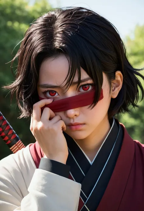 Kimetsu no yaiba style best quality 0.8,beautiful Dark hair.  short hair (short above the shoulders) . Young woman with detailed red eyes (red eyes) dull and sad detailed. droopy eyes. warm face, his face has dirt, foreground. katana. (Alone) (in a trainin...