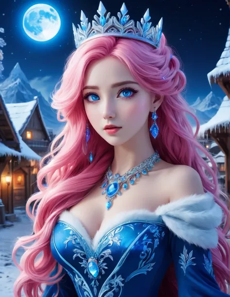 Very attractive 25 year old female with long wavy bright pink hair, ​natta, ((1 girl)), alone, ​masterpiece, 8k wallpaper, highres, most absurd, high quality background, length hair, bright pink hair,  Beautiful frozen village, (full bright moon), blue dre...