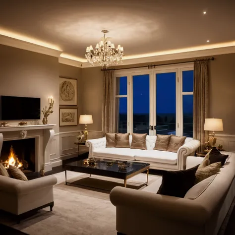 rich, Luxurious living room, Late Night, moonlight, Four Windows, One front door on the right, One window on the left, The white sofa faces outward,There is a fireplace