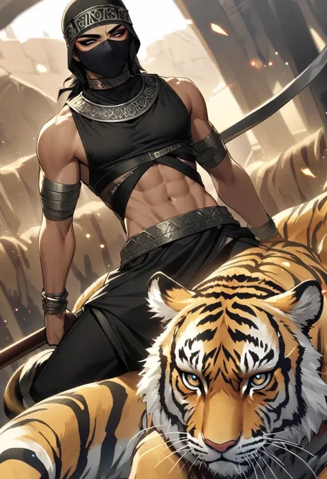 Male arab warrior, medivial, black short balaclava, black bandage, black clothes, thin waist, skinny body, femboy, light skin, makeup, black eyeliner, big eyelashes, black eyeshadow, metal choker,  light tanned skin, rides a tiger