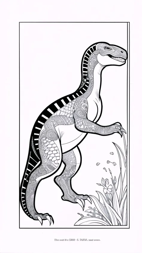 [As a coloring book, white and black color, borders should be simple, clear, distinct, and thick lines], [By Cartoon Style of dinosaur], [Feature], [Place], [Flower] --ar 3:4 --s 150