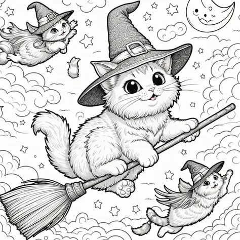 Black and white drawing of a cat flying on a broom, 猫のwitch, Fly on a broom, Coloring bookのアウトライン, Scary but fascinating, witch, clean Coloring bookのページ, Coloring book, Coloring bookのページ, Line drawing illustration, witchっぽい, witchのおとぎ話, Perfect pen and ink...