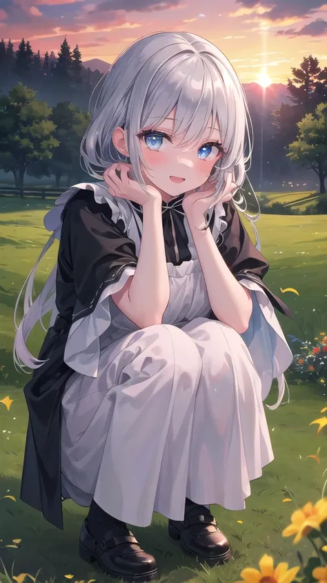 (8k, best quality, master piece: 1.2),super high resolution,1 girl, 独奏, colorshift eyes, hyperdetailed, expressive eyes, ultra-detailed face, Medieval peasant dress、Random hairstyle、silver gay hair, Quiet countryside, Ecstatic expression, squatting, sunset...