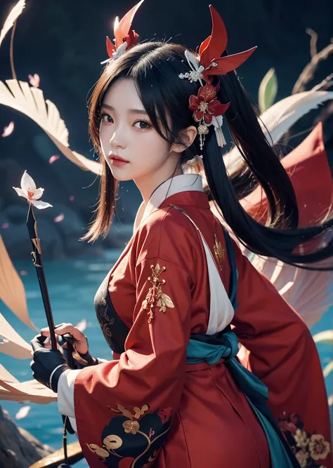 Diffuse lighting、 Highest quality, High resolution, unity 8k wallpaper、Supersaturation, Colorful, 8k解像度, 1 female、Japanese、23 years old、Close-up portrait、Wearing a red dress，whole body、Tight ass、Woman with a Fan, onmyoji, onmyoji detailed art, onmyoji port...