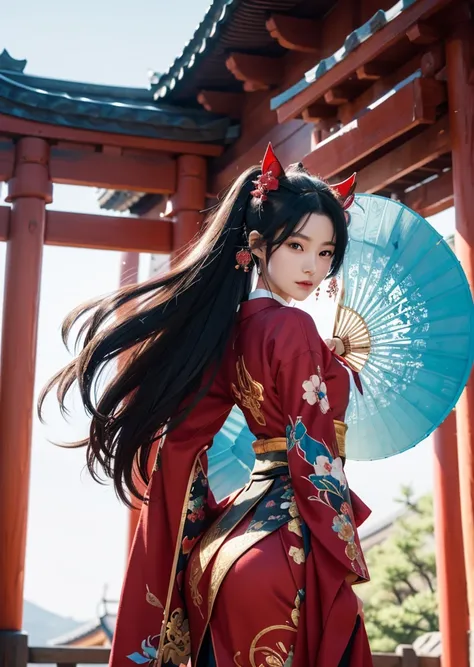 Diffuse lighting、 Highest quality, High resolution, unity 8k wallpaper、Supersaturation, Colorful, 8k解像度, 1 female、Japanese、23 years old、Close-up portrait、Wearing a red dress，whole body、Tight ass、Standing in front of the red torii gate、Woman with a Fan, onm...