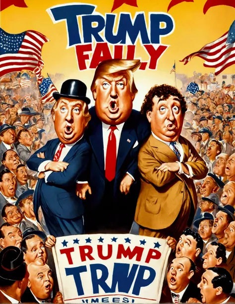 the three stooges (Moe, Larry, and Curly) (dressed appropriate to the scene), attend a Trump rally (huge crowd) and hold up a Trump banner, 1940s styling