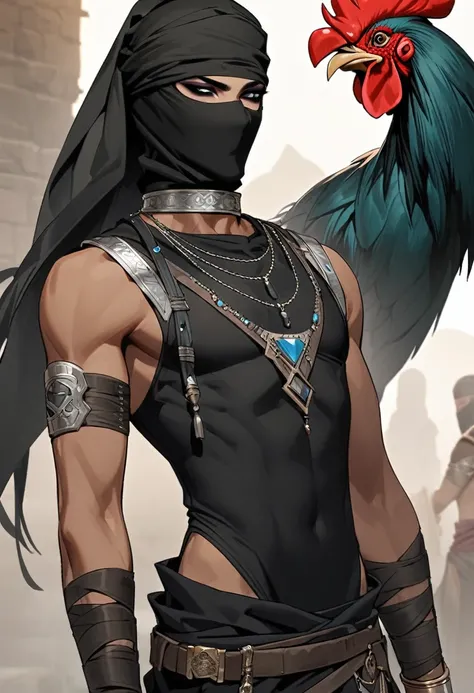 Male arab warrior, medivial, black short balaclava, black bandage, black clothes, thin waist, skinny body, femboy, light skin, makeup, black eyeliner, big eyelashes, black eyeshadow, metal choker,  light tanned skin, rooster on shoulder 