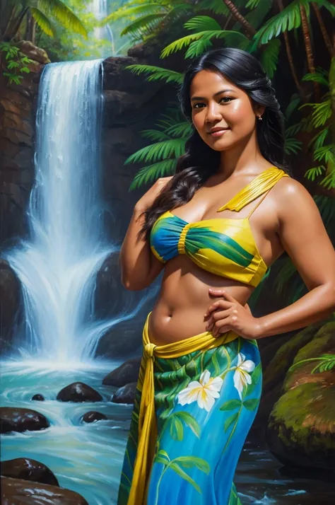 painting of a 50 year old Hawaiian woman with traditional clothes, dancing in front of a waterfall, curvy, inspired by Fernando Amorsolo, photorealistic oil on canvas, realistic oil on linen, oil on canvas painting, 4k oil on linen, extremely detailed oil ...